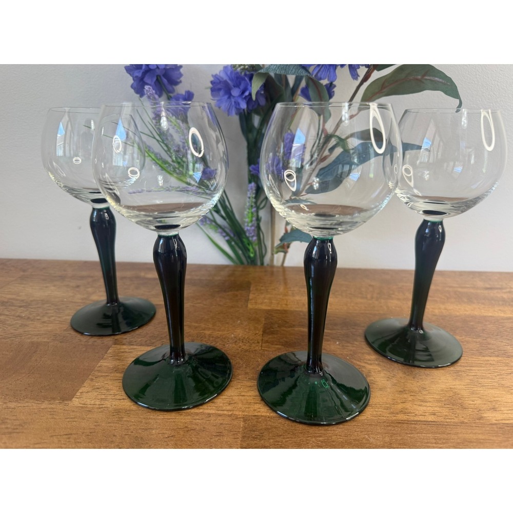 Vintage Emerald Green Wine Glasses Set Mid Century Italian Art Glass Style Bar